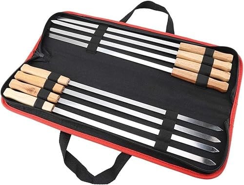 8Pcs Long BBQ Barbecue Skewers with Wooden Handle, Reusable Stainless Steel BBQ Grilling Fork Sticks, Family Outdoor Picnic Camping Barbecue