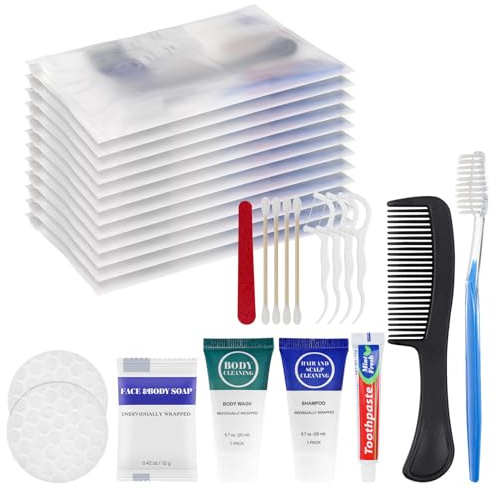 Toiletry Kits Travel Essentials Disposable Hygiene Bulk 8-in-1 (20-Pack) | Trial Size Toiletries Supplies Individually Wrapped Traveling Personal Care Items, for Camping, Hotel, Homeless, Charity