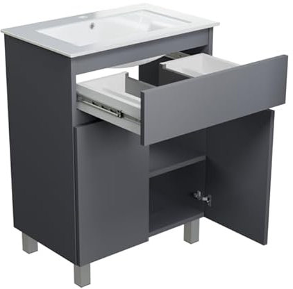 Waschbecken mit Unterschrank 60 cm Breit Ariza Sink, Waschbeckenunterschrank Hängend oder Stehend, Waschtisch mit Unterschrank für Badezimmer, Waschbeckenunterschrank Grau Matt
