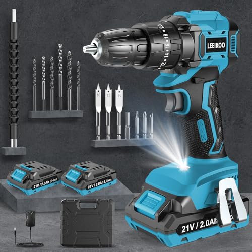 LEEIKOO Brushless Avvitatore a Batteria, Trapano Avvitatore Batteria 21V con 2 Batteries 2.0Ah, 45N.m Avvitatore Elettrico, 20+3 Coppie, 2 Velocità, 10PCS Accessori per Riparazione, Fai da te