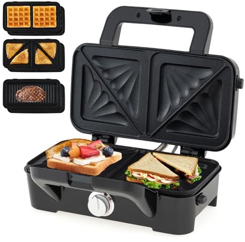 COSTWAY Sandwichera 3 en 1, 1082W Tostadora Grill con Placas Antiadherentes Extraíbles para Sándwich, Temperatura de 5 Niveles, Libre de BPA, Plancha Eléctrica para Panini con LED, Asas Frías al Tacto