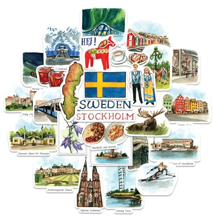 Navy Peony Schweden Sticker-Set – großformatig, handillustrierte Aquarell-Motive, glänzend & wasserfest – für Koffer, Laptop & Wasserflasche (28-teilig)