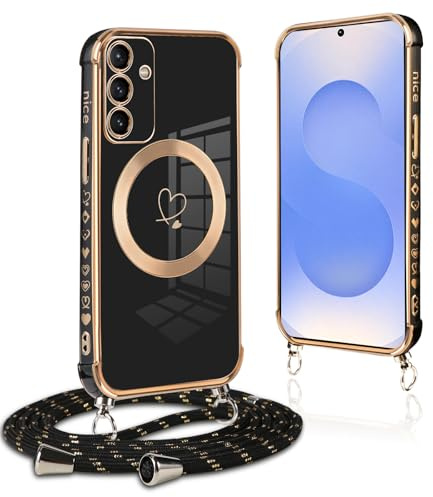 Pnakqil Handyband für Samsung Galaxy S25 FE 5G Hülle mit Band, Kompatibel mit MagSafe,Handyhülle Ultra Dünn Silikon Magnetisch mit Herz Love Muster Schutzhülle mit um Umhängen Kordel,Stoßfest, Schwarz
