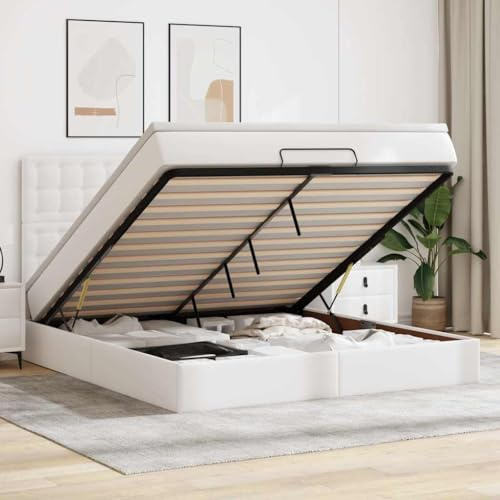 Qnhdfrt Ottoman Bett 180×200 cm weiß Kunstleder mit Taschenfederkernmatratze & Topper hydraulischer Bettkasten
