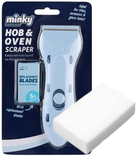Minky Hob & Oven Scraper with 5 Replacements and Magic Sponge Eraser – Glass, Ceramic & Induction Hob Cleaning Tool Set for Burnt-On Food, Grease & Stains