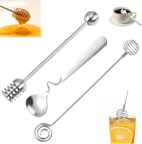 Rayakt 3 PCS Honey Spoon Set, Stainless Steel Jam Spoon, Sliver Honey Stirrer & Spiral Stirrer with Long Handles, Kitchen Mixing Tools for Honey, Jam, Syrup, Yogurt, Coffee