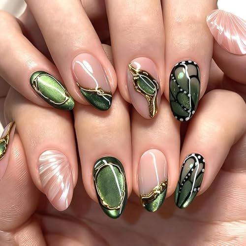 Short Almond Press On Nails with Green Cat’s Eye & Gold Wings - 24PCS Glossy Nude Pink Artificial Nails Featuring White Dot Details and Shell Texture for Women, Elegant Daily Art Look
