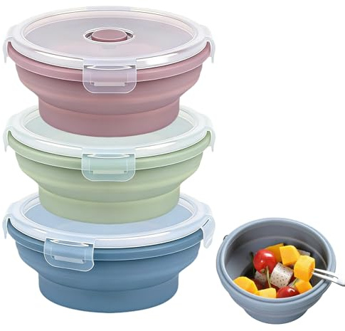 Collapsible Lunch Box 3 Pack, Silicone Food Storage Containers with Lids | 550ml Reusable Bento Boxes for Work, School, Picnic, Space-Saving (Blue, Green, Pink)