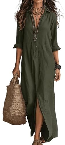 Hemdkleid Damen Lang Sommerkleid Damen Leicht Und Luftig Strandkleid Tunika Kleid Halbarm Maxikleid Elegant Kleider Mit Knöpfen Shirtkleid Sommer Maxi Hemdblusenkleid A Linie Sommerkleider