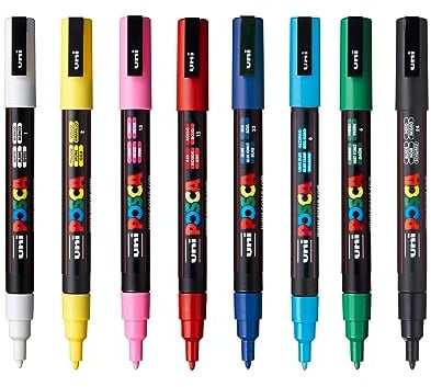 POSCA Mitsubishi Pencil - 8 Marqueurs PC3M - Pointe Conique Pointe Fine - Marqueurs Peinture à Base d'Eau - Tout Support - Pour Papier, Textile, Verre, Galet, Bois - Couleurs Classiques