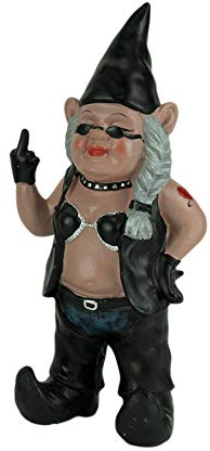 Gnofun The Rebellious Lady Biker Zwerg – Einzigartig und lustig, dekorativ, 31,8 cm hoch, für drinnen und draußen, unhöfliche Geste, Kunstharz-Statue für Gärten, Rasen und Heimdekoration