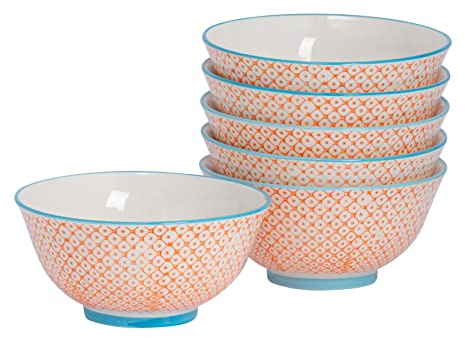 Nicola Spring Patterned Cereal Bowls - Orange - 16cm - Pack of 6 - Hand Printed Japanese Style Porcelain Serving Bowls for Dessert, Pasta, Cereal, Salad, Noodles, Soup