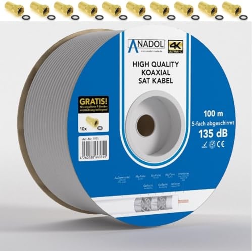 [TEST SEHR GUT *] Anadol 100m Brandschutz Koaxialkabel 135dB, 5fach geschirmt, 7mm, Koaxial Satkabel, Antennenkabel, Fernsehkabel, Coax Sattelittenkabel, TV Sat Koax Kabel, 10 F-Stecker gratis