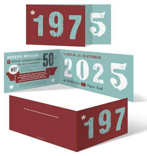 Kartenmachen.de Personalisierte Runder Geburtstag 50 Jahre Einladungskarten ab 10 bis 100 Stück - Retro Geburtsjahr