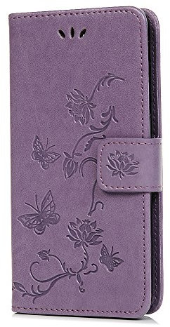 Samsung Galaxy A6 Phone Case 2018, PU Leather Flip Notebook Wallet Case Embossed Lotus Butterfly with Stand Card Holder ID Slot Folio TPU Bumper Protective Cover for Samsung Galaxy A6 Light Purple