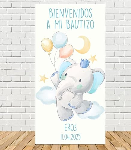 Cartel de Bienvenida de Bautizo de Elefante 140x70cm|Divertido y económico|Detalle de Bautizo|Decorado Bautizo| Personalizable