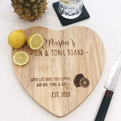 eBuyGB Personalised Wooden Gin & Tonic Heart Shaped Chopping Board Gift, Serving Board, Laser Engraved Chopping Block