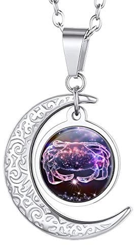 Suplight Zodiac Sign Pendants Astrology Necklace Birthdays for Mon Celestial Astrology Jewelry Stainless Steel Star Sign Constellation Cancer Necklace Crescent Moon Pendant Necklace for Women