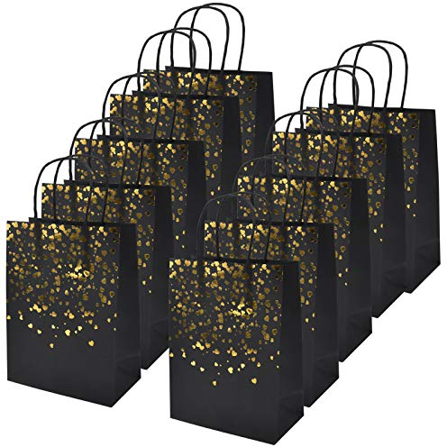 Jinlaili 12 Stück Geschenktüten aus Kraftpapier, Papiertüten mit Henkel, Bronzing Kraft Tasche mit Gold Herz Verzierung, Party Geschenk Papiertüten für Weihnachten/Hochzeit/Geburtstag Party (Schwarz)