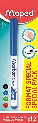 Maped - Boîte de 12 Marker’Peps fins effaçables - Feutres fins effaçables à sec - Coloris : Noir x4, bleu x4, vert x2, rouge x2 741832LM