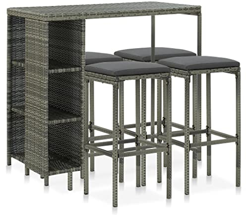 vidaXL Gartenbar Set 5-TLG. mit Kissen Theke Bar Tresen Gartentheke Bartisch Stehtisch Barhocker Barstuhl Gartenmöbel Poly Rattan Grau