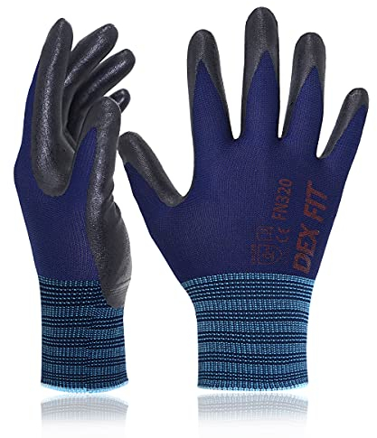 DEX FIT Premium Nylon Nitril Arbeitshandschuhe FN320; 3D-Komfort, Dehnbare Passform, Griff, Dünne, Leichte Arbeitshandschuhe, Langlebig, Atmungsaktiv, Kühl, Waschbar; Marine L (9) 1 Paar