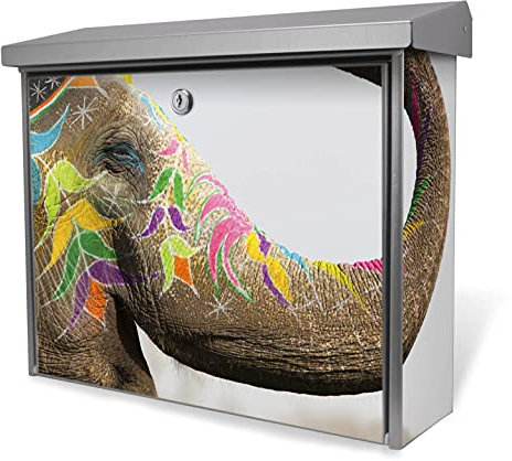 banjado® Burgwächter Briefkasten Edelstahl 38,5x31,5x12cm mit Motiv Indischer Elephant/Briefkasten Edelstahl ohne Zeitungsfach/Briefkasten grau/Postkasten inkl. Montagematerial & 2 Schlüsseln