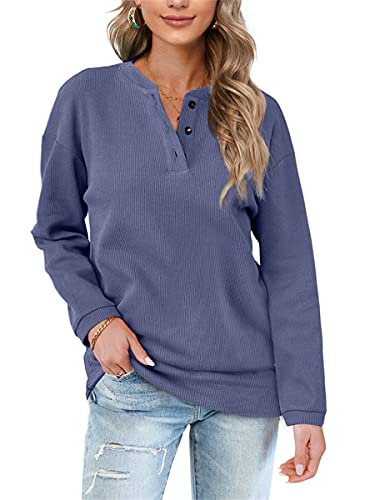Aokosor Womens Sweatshirts Ladies Jumpers For Women Uk Long Sleeve Tops Ladies Loose Sweatshirts With Buttons Plain Size 14-16 Purple Blue