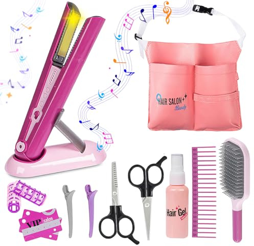 koolbitz 14PCS Kids Makeup Set and Hair Styling Toy Set Game – Pretend Play Beauty Salon Kit with Light-Up Straightener, Scissors, Brush, Comb, and Educational Accessories for Kids Ages 3 and Up