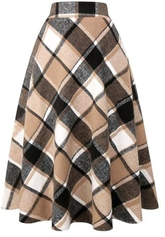 IDEALSANXUN Fall Dresses for Women 2025 Winter Wool Plaid Tartan Flannel Corduroy Tweed Sweater Dress High Waisted Maxi Long Skirt, Brown, L