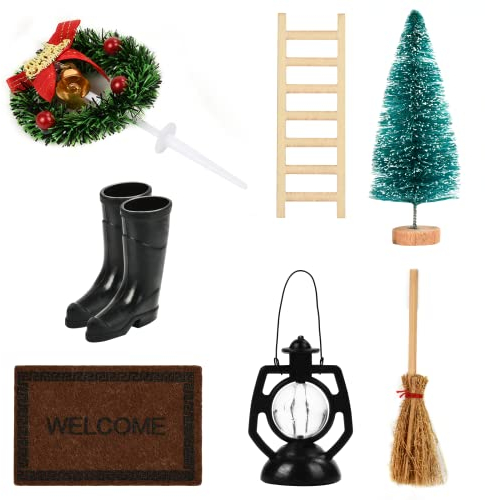 EKKONG Wichtel Tür Nissedor, Miniatur Wichtel Set, Mini Ornament, Miniatur Puppenhaus Set mit Zubehör Stiefel, Weihnachtsbaum Dekokranz, Wichtelbesen, Holzleiter, Teppichdecke, Laterne, Weihnachtsbaum