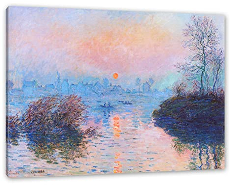 Pixxprint Claude Monet - Sonnenuntergang auf der Seine im Winter, Weiß, Größe: 80x60cm, Leinwandbild, fertig gespannt, Wandbild, Dekoration, Kunstdruck, kein Poster