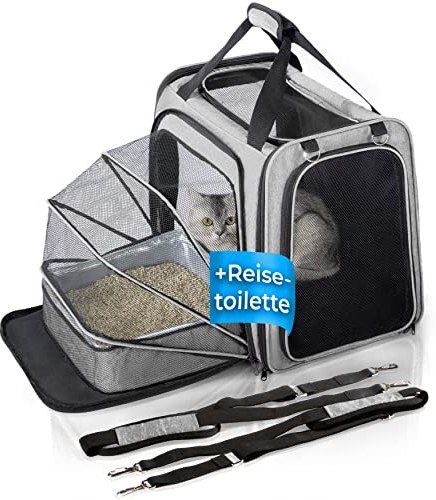 YOU DECIDE MUNICH Transportbox Katze [mit Katzenklo] Katzen Transport Tasche Katzen-Tasche auch große Katzen, Katzenkorb mit Katzentoilette, Katzenbox Auto-Reise faltbar CAT´S Premium Suite LX grau