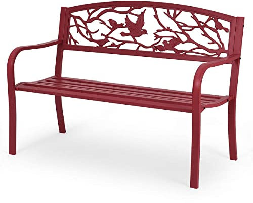 GYMAX Banc de Jardin en Fonte 123 x 60 x 88CM, Rouge Stable et Solide, Avec Motif Oiseaux et Branches pour Parc, Terrasse, Balcon