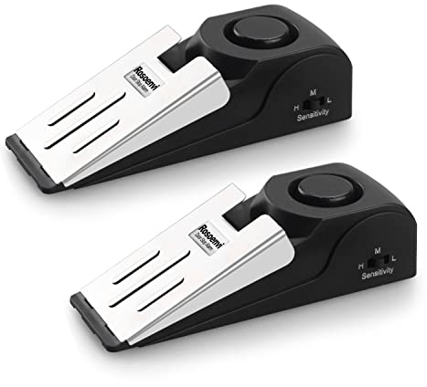 Rosoenvi Lot de 2 butées de porte avec alarme de sécurité de 120 dB - Dispositifs de sécurité pour voyage, appartement, hôtel et maison - Noir