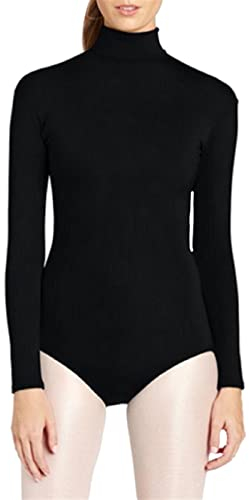 Lifup Damen Ballettanzug Langarm Body Gymnastikanzug Ballett Trikot Einteiler Bodysuit mit Rollkragen Schwarz 2XL