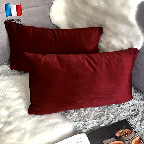 Douceur De Plumes 2er Set Bordeaux Red Samt Kissenbezügen 40x80 cm Einfacher, weicher und moderner rechteckiger Kissenbezug für das skandinavische Wohnzimmer, Ruby Vin Sofa (2 Bordeaux)