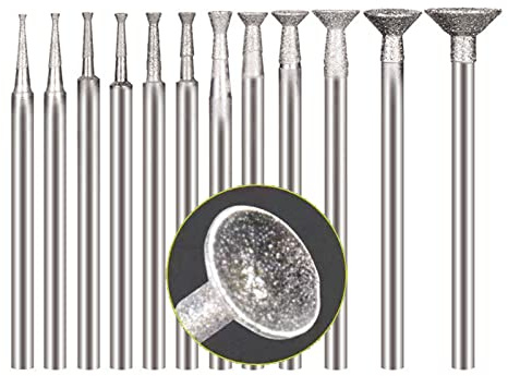 Luo ke 13 Pcs Bowl Shape Diamond Burr Set, 3/32 Inch Shank Stone Carving Bits Diamond Concave Burs Wire Rounder Bits for Rotary Tool | 3/32 Shank Diamond Concave Bur for Gemstone, Rock, Ceramics, Glass, Tile, Marble, Agate for Rotary Tools, Grinder
