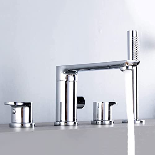 Wannenrand Badewanne Armatur Set 4-Loch Badewannen-Armatur Wannenrandkombination Kupfer Doppelgriff Badezimmer Armatur Set mit Handbrause,Schwarz (Color : Chrom)