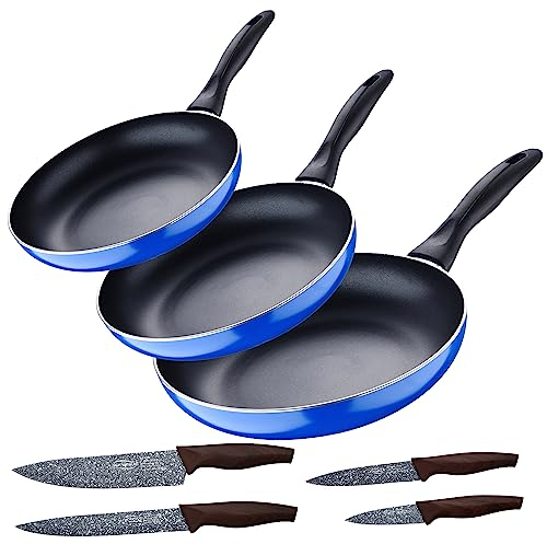 San Ignacio Set 3pc sarten (16+20+24cm) aluminio prensado, inducción, azul Navy Paradise con Set 4pc cuchillos acero inoxidable