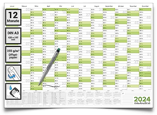 Kalenderoutlet DIN A3 abwischbarer Wandkalender 2026 gerollt 42,0x29,7cm groß inklusive 1 Marker. Wandplaner ist feucht korrigierbar, Jahresplaner in deutscher Sprache