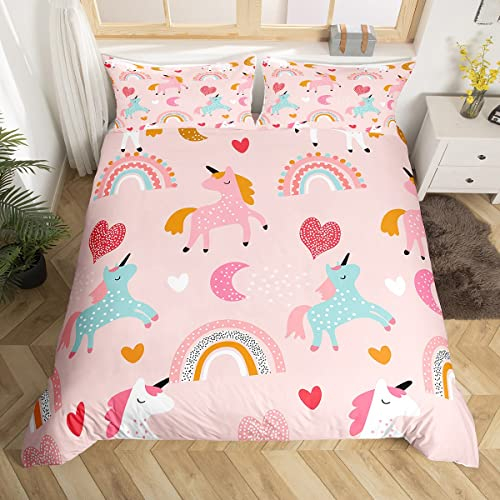 Einhorn Bettwäsche Kids Kinder Mädchen Einhörner Bettbezug 135x200 für Jugendliche Teenager Rosa Pferd Herz Regenbogen Bettwäsche Tiere Motiv Bettwäsche Bunt mit Reißverschluss, Weich Mikrofaser