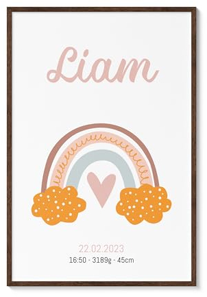 Personalisiertes Regenbogen Geburtsposter, DIN A4 Poster, Geschenk zur Geburt für Eltern Mama und Papa, Baby, Taufe - ohne Rahmen (Rainbow)