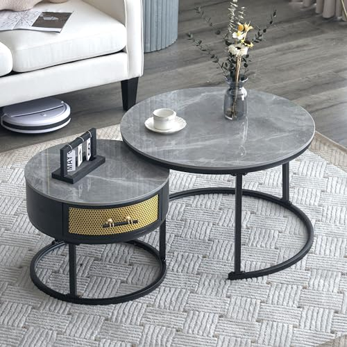 HAINEW Moderner Rund Marmor Couchtisch 2er Set, Beistelltisch Satztisch mit Grau Marmor Schieferplatte Schubladen aus Massivholz, Sofatisch, Kaffeetisch, für Wohnzimmer, Schlafzimmer, 70×70×45,5 cm