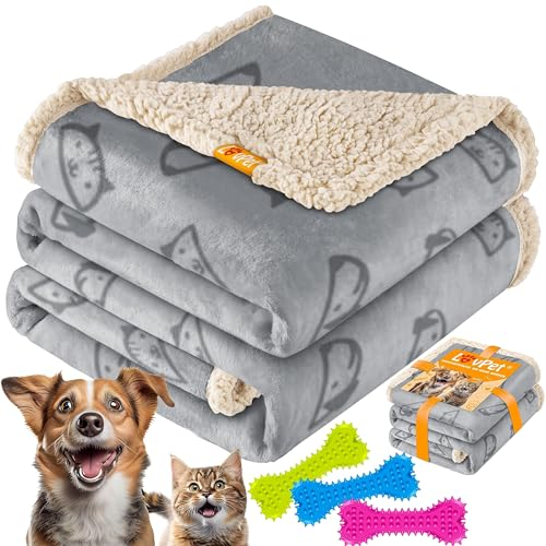 Lovpet® wasserdichte Hundedecke, Sherpa Fleece Haustier Decke + 3X Spielzeugknochen, Handwäsche, beidseitiger Sofabezug-Schutz (M (101 x 73 cm), Grau)