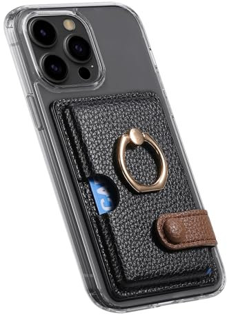 TopFunny Wallet Stick on Phone Case, Credit Card Holder with Ring for Back of Phone Cases Flip Leather Wallet Sleeve Pouch Compatible with iPhone, Samsung Galaxy Android Most Smartphones Black