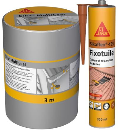 SIKA - Bande d'étanchéité autocollante - Résistant à la déchirure - Multisupports - Aluminium - 150mm x 3m + Mastic pour collage et réparation des tuiles - Mastic PU - Terre cuite - 300ml