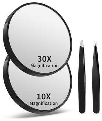 Macaki Vergrößerungsspiegel mit Saugnäpfen und 2 Pinzetten, 10-Fach und 30-fache Vergrößerung, 8,9 cm, Schwarz, 2 Stück