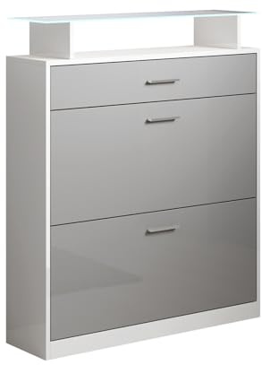 MB Muebles Bonitos | Flurmöbel mit Schuhschrank | Breite 89 x Höhe 105 x Tiefe 24 cm | Glasablage mit LED | Glänzendes Melamin | Farbe Weiß und Grau | Schuhregal für die tür | Modell Paola