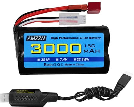AMZZN 7.4V 3000mAh 15C 2S T-plug Li-ion Battery With USB Charging Cable For WLtoys 12423 MJX 14301 14303 14302 H16PL High-Speed RC Cars 1/10,1/12,1/16 Ratio RC Trucks,RC Ship Backup Battery